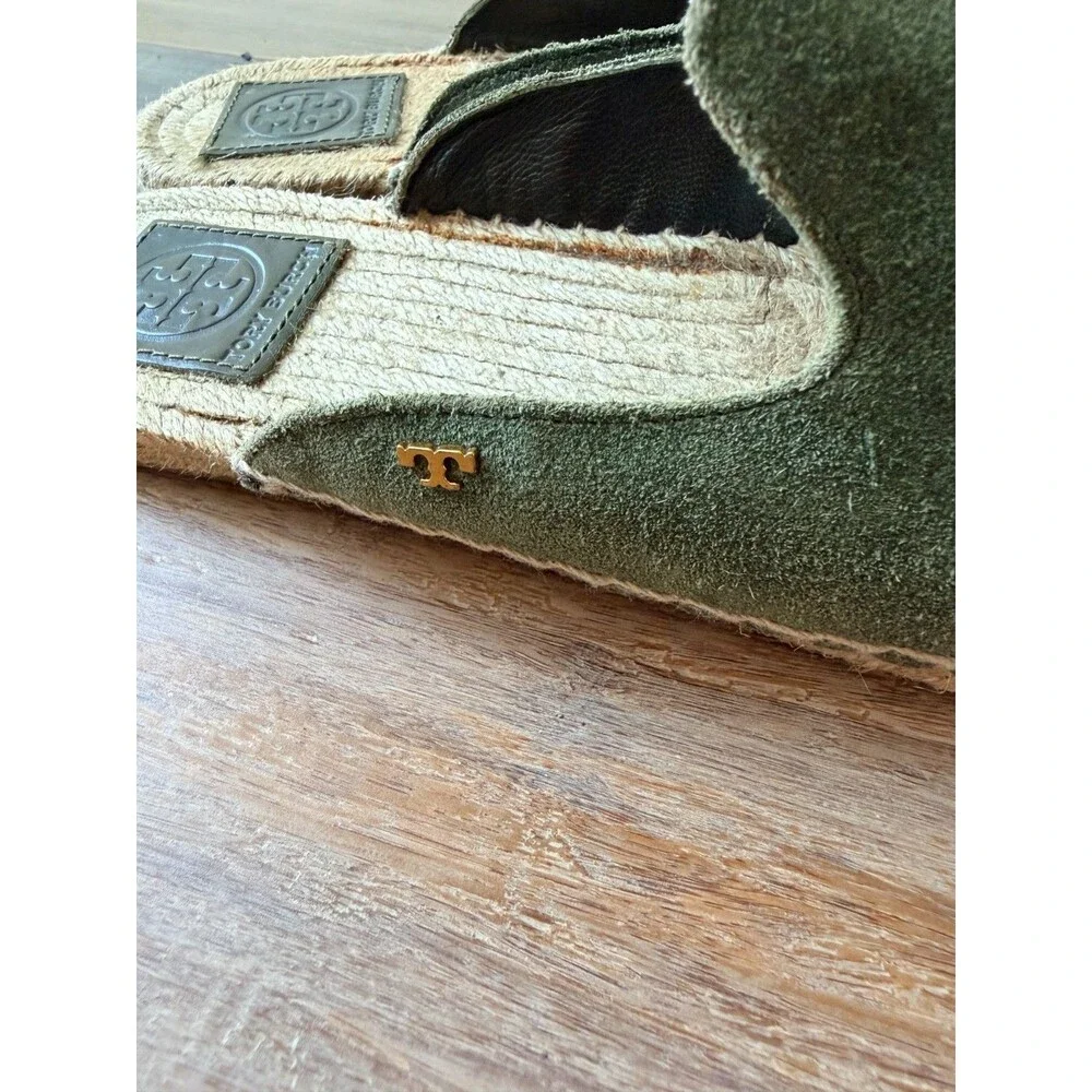 Tory Burch Olive Green Suede Espadrille Mules Slide Sandals Flat Shoes Size 8